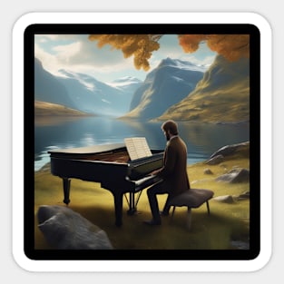 A Pianist Playing The Piano Near A Fjord In Norway. Sticker